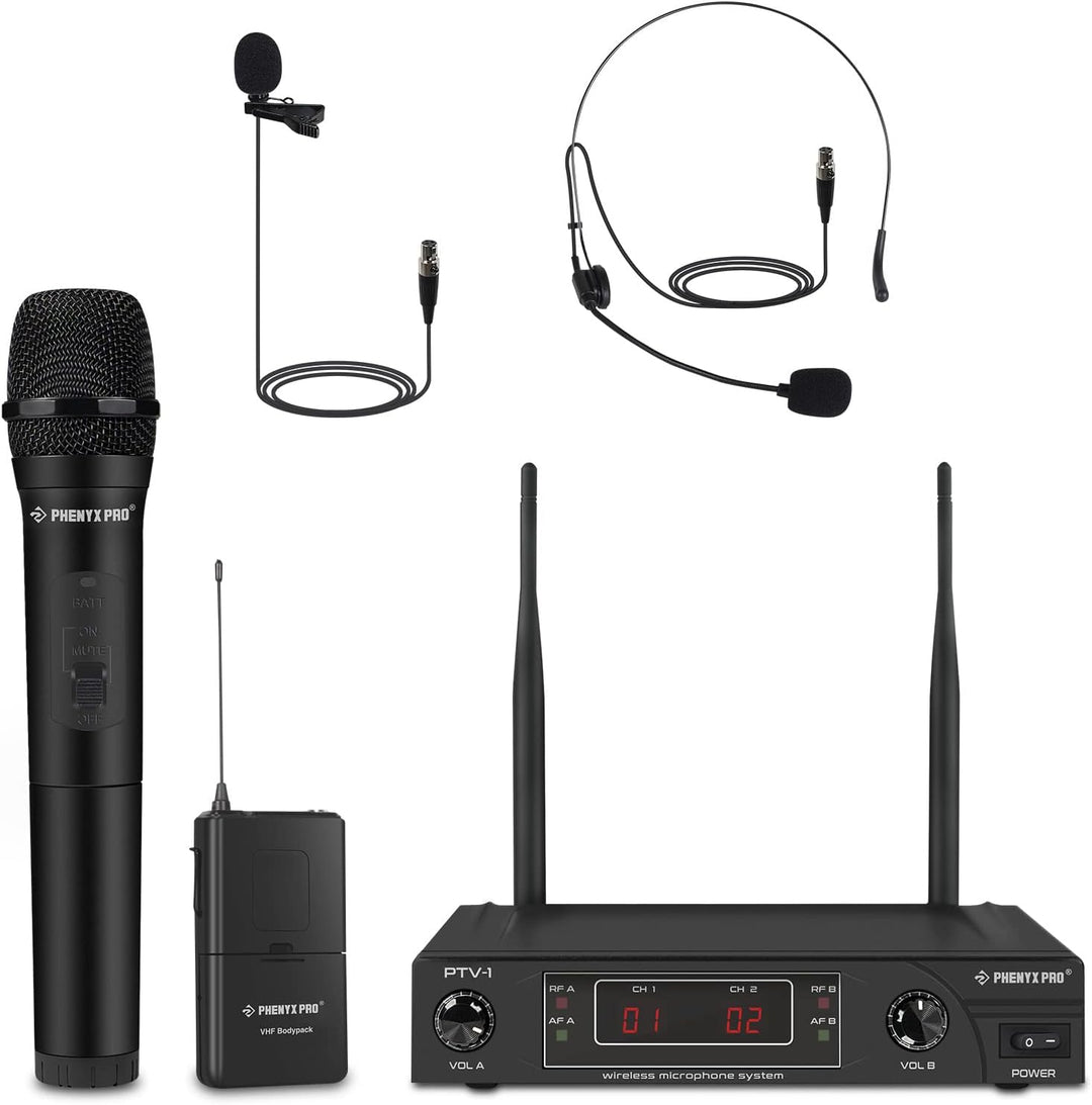 Phenyx Pro Wireless Mikrofon Set,VHF Kabellos Mikrofon System mit 1 Handheld+1 Headset+1 Lapel+1 Bod