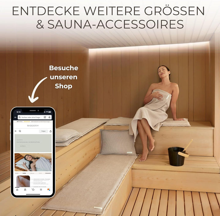 SAUNASOFA Set Short – 2-Sitzer Sauna-Auflage mit Kissen – Saunamatte für Infrarot-Kabine & klassisch