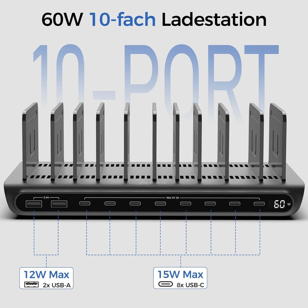 Alxum 60W 10 Port USB Ladestation für mehrere Geräte, LED Echtzeit-Digitalanzeige mit 8×USB-C & 2×US