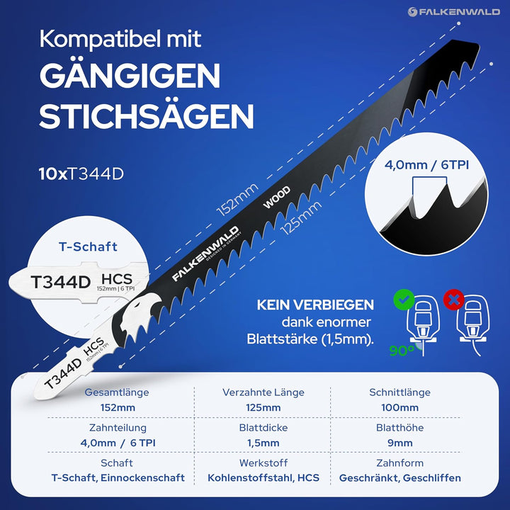 FALKENWALD® Stichsägeblätter Holz 10x T344D – High Speed Wood - Extra lang (152mm) für tiefe Schnitt