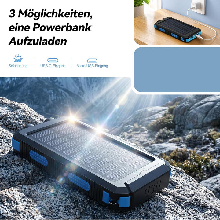 Vikeri Solar Powerbank 26800mAh, Powerbank Solar Wasserdichtes USB C Externer Akku mit 4 Outputs, Po