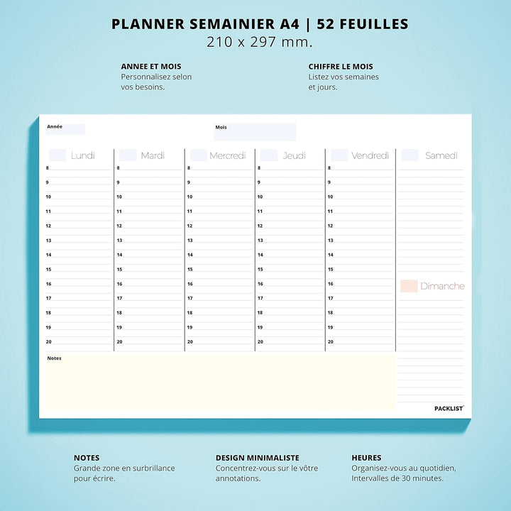 PACKLIST Planning Semaine + Mensuel - Planificateur Hebdomadaire A4, Agenda Planner - Agenda To Do L