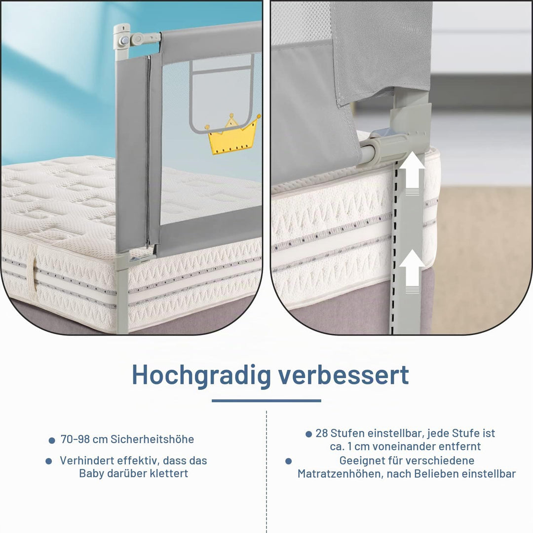 180cm Bettgitter Rausfallschutz, Kinderbettgitter Höhenverstellbar 70-98cm, Bettschutzgitter für Kin