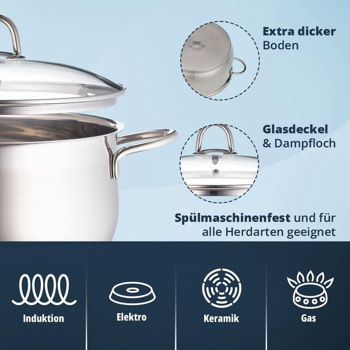 KHG Topfset Induktion aus rostfreiem Edelstahl | 5-teilig inklusive Glasdeckel mit Dampfloch | Kocht