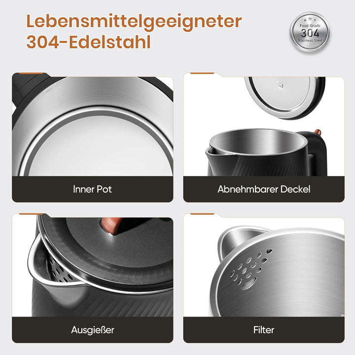 OLEGA Wasserkocher - 1800W Schnellaufheizender Elektrischer Teekessel BPA-freier 304 Edelstahl Elekt