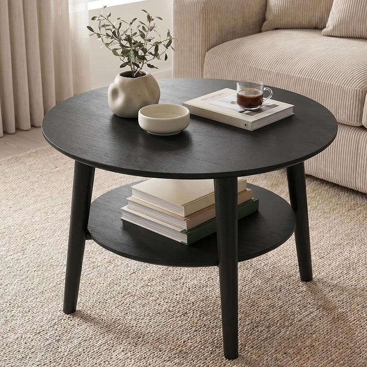 skølm Mjölnir Couchtisch rund Ø70 cm – Wohnzimmertisch aus Eiche Massivholz – Sofatisch mit 2 Ablage
