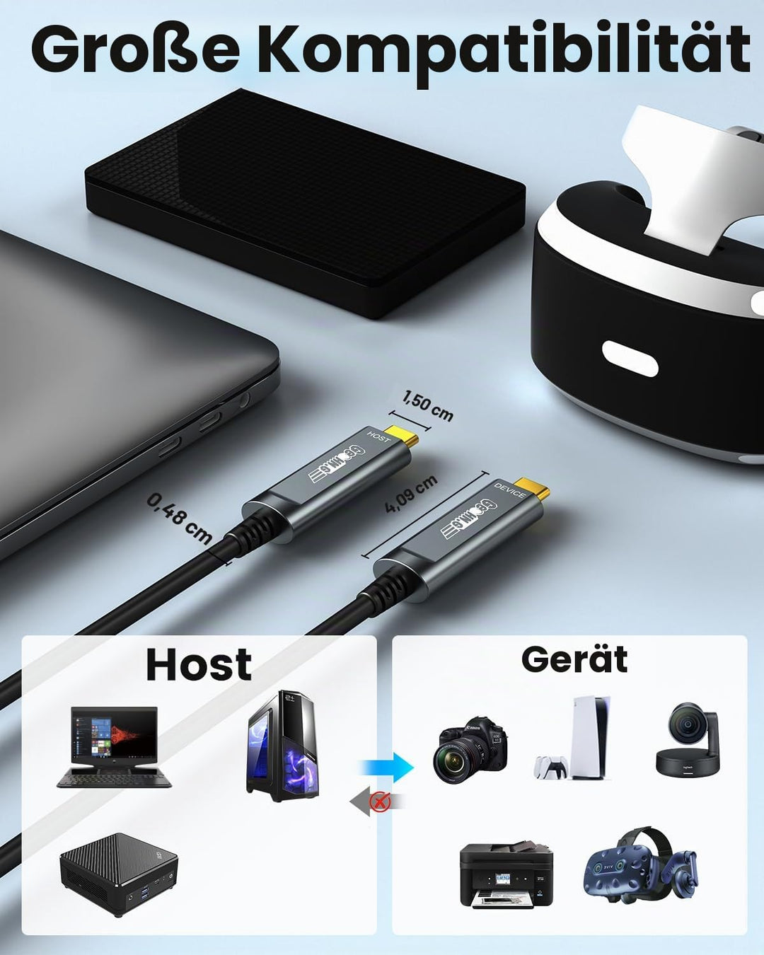 Glasfaser USB C auf USB C Kabel 10M, 10Gbps USB 3.2 High-Speed Datenübertragung Aktives Optisches US
