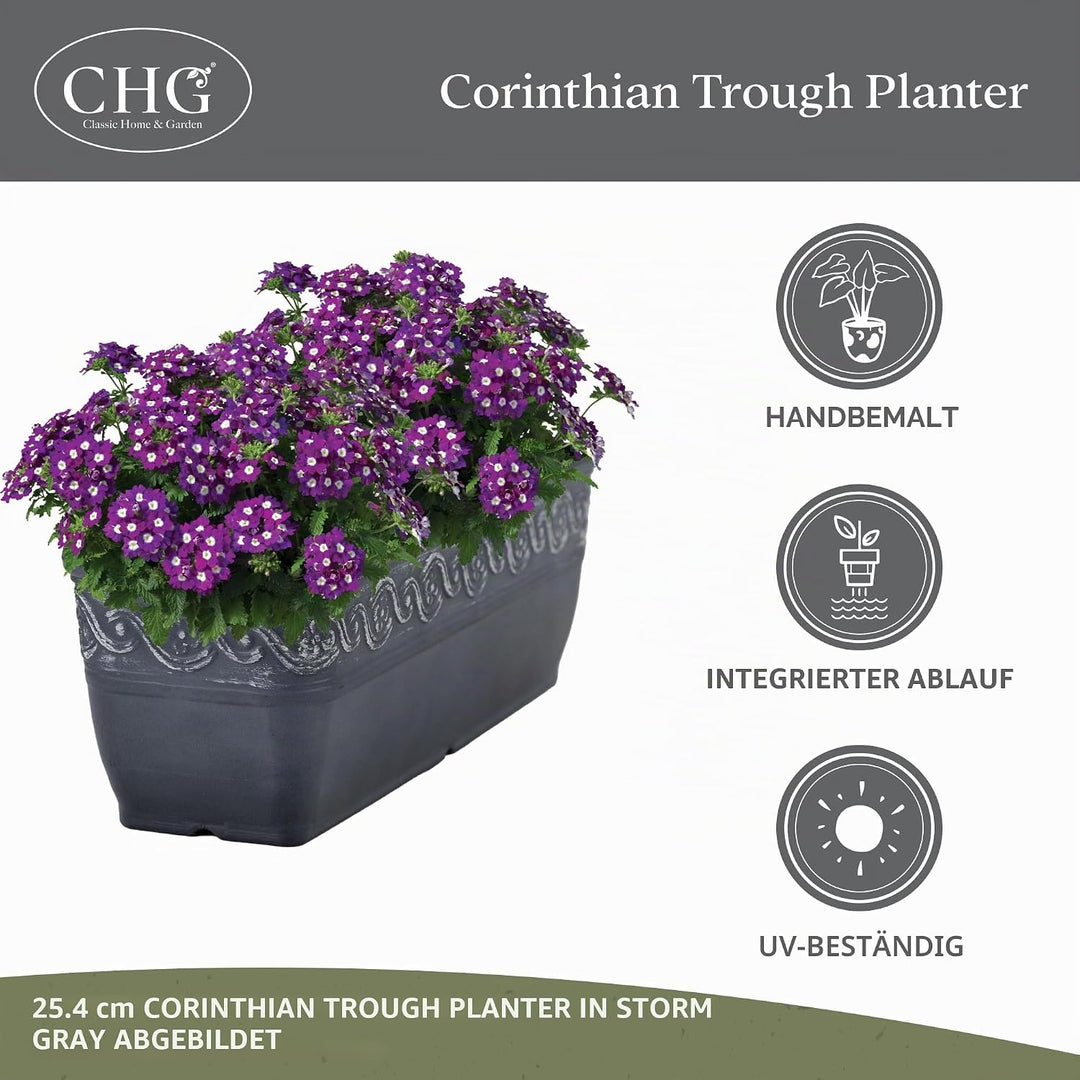 Classic Home and Garden Korinthischer Blumentopf aus Kunstharz, rechteckig, Betongrau, 45,7 cm 18" T