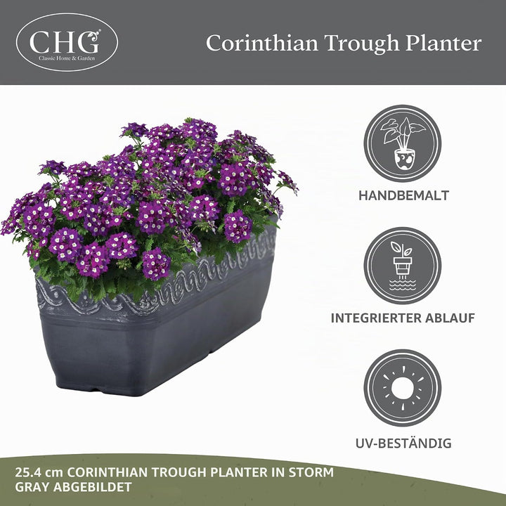 Classic Home and Garden Korinthischer Blumentopf aus Kunstharz, rechteckig, Betongrau, 45,7 cm 18" T