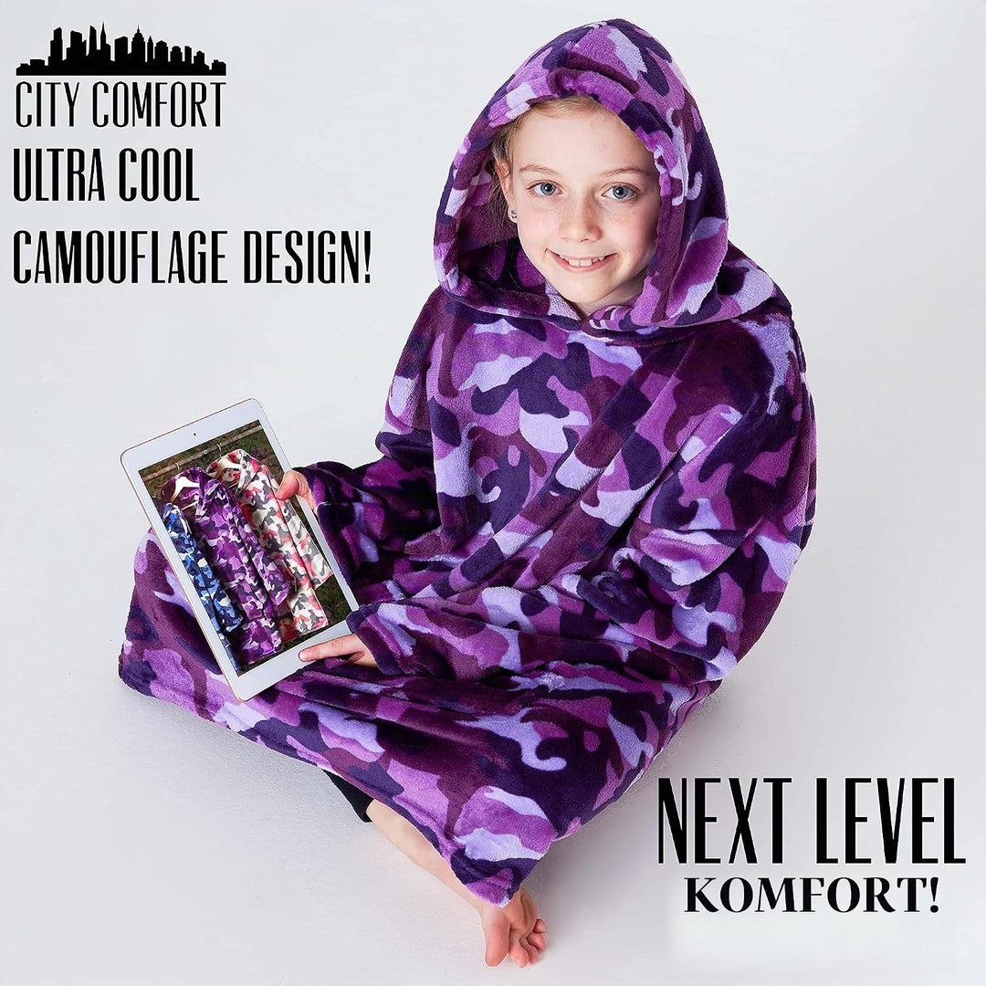 CityComfort Decke Hoodie Kinder Fleece Übergrösse Kapuzenpullover Mädchen Einheitsgrösse Lila Tarnfa