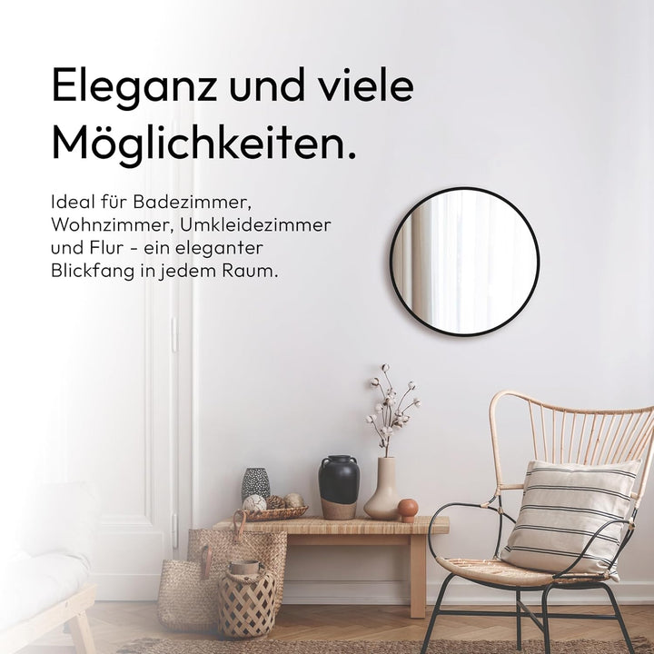Talos Aufhängegurt in Lederoptik-Spiegel rund mit hochwertigen Aluminiumrahmen, schwarz matt, Ø 50 c