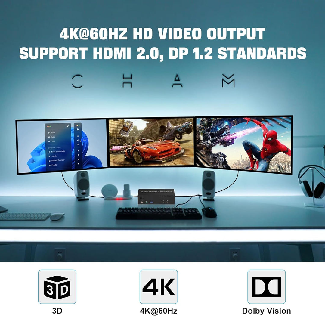 USB 3.0 HDMI + 2 DisplayPort KVM Switch 3 Monitore 2 Computer, 4K@60Hz Triple Monitor KVM Switch 2PC