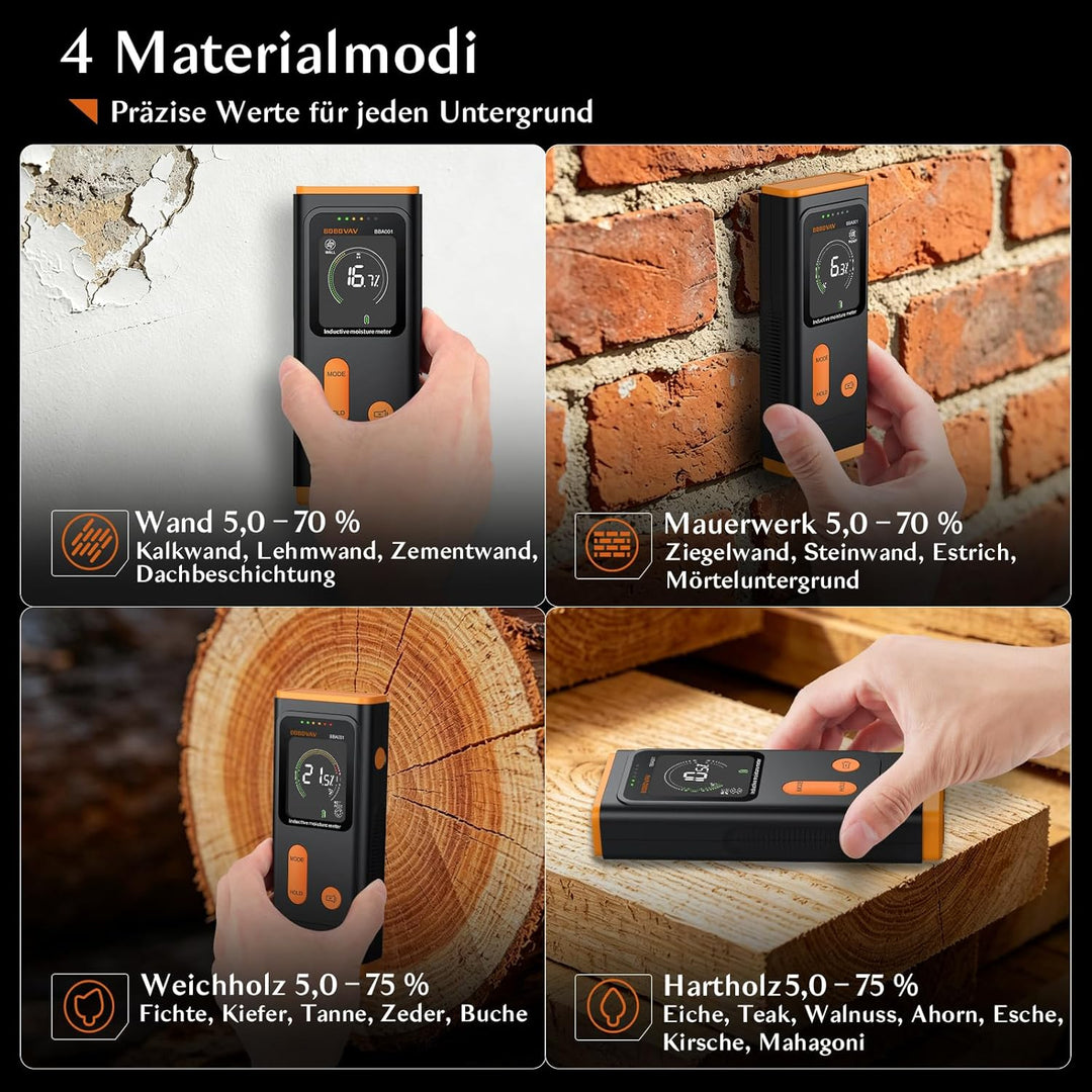 Feuchtigkeitsmessgerät Pinless, Holz- & Wandfeuchtemesser, 4 Modi ±4%, 3-farbe Alarm+Summer, LED-Tas