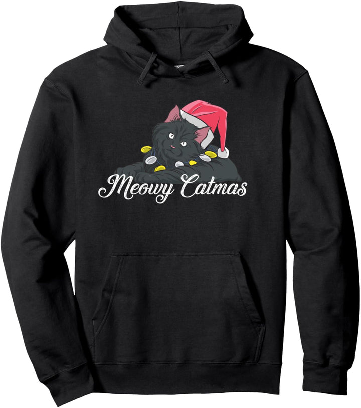 Black Cat Meowy Catmas trägt eine Weihnachtsmütze und Merry Pullover Hoodie