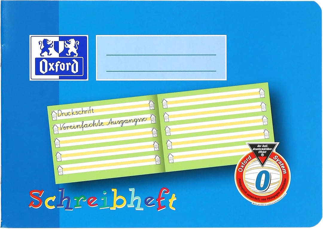 Oxford Schreibheft, A5 quer, Lineatur 0 (1. Klasse), 16 Blatt, 10 Stück Lineatur 1q + farbiges Mitte