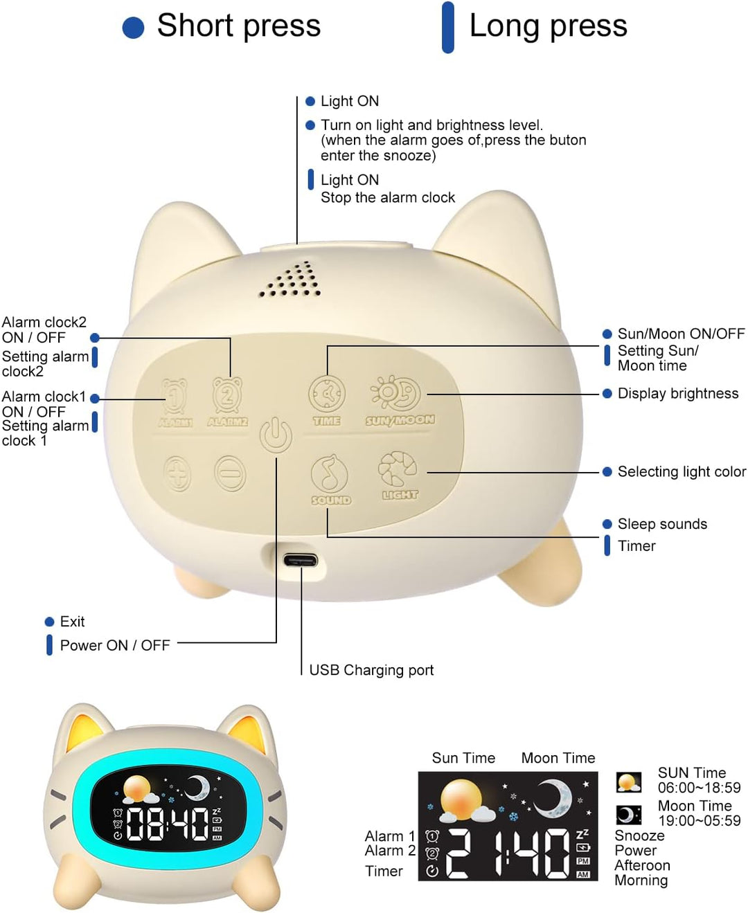 Uplayteck Wecker Kinder, Katze Schlaftrainer Kinderwecker Digital Mit Soundmaschine, Buntem Licht, S