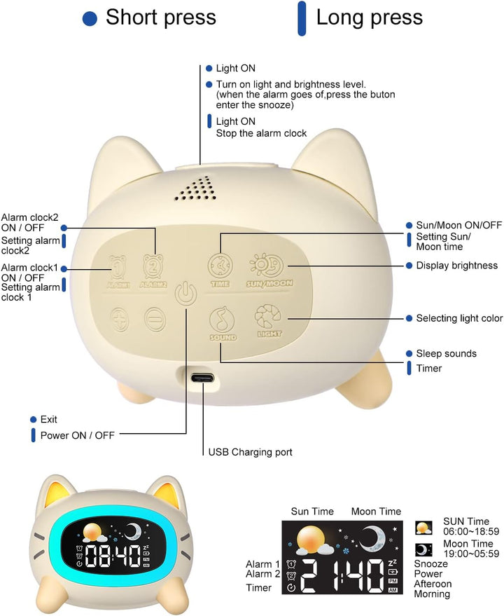 Uplayteck Wecker Kinder, Katze Schlaftrainer Kinderwecker Digital Mit Soundmaschine, Buntem Licht, S