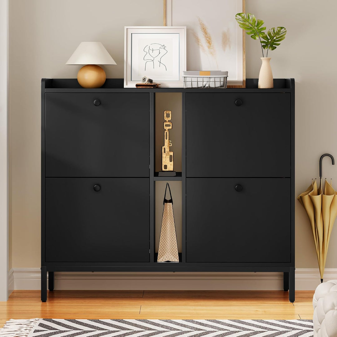 YITAHOME Schuhschrank Schmal mit 4 Klappen, 108 x 27.5 x 95.5 cm für 16 Paar Schuhe mit 2 Offene Reg