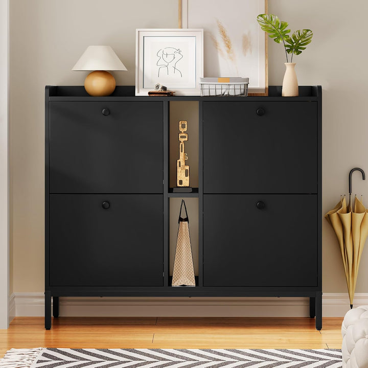 YITAHOME Schuhschrank Schmal mit 4 Klappen, 108 x 27.5 x 95.5 cm für 16 Paar Schuhe mit 2 Offene Reg