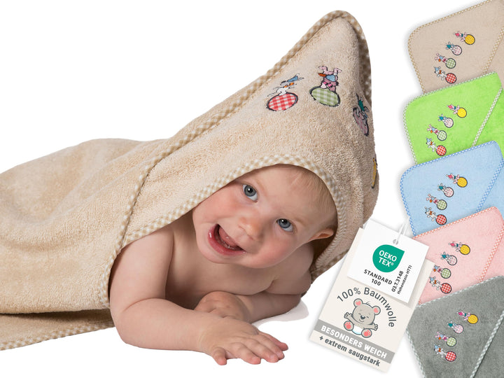 ZOLLNER Baby Kapuzenbadetuch, Kapuzenhandtuch, 100x100 cm, Baumwolle, beige, Beige