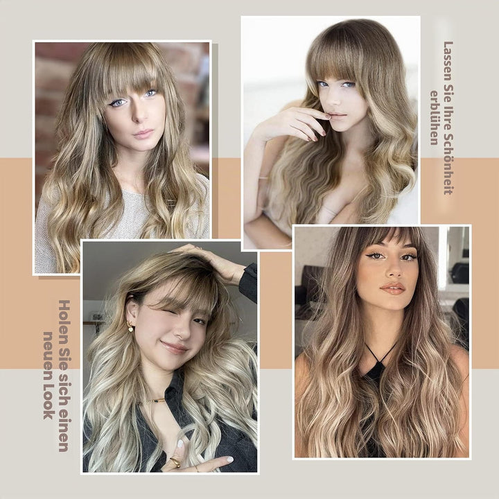 FAELBATY Perücke mit langen Locken blonde Perücke mit Pony Ombre dunkelbraun bis blonde Perücke für