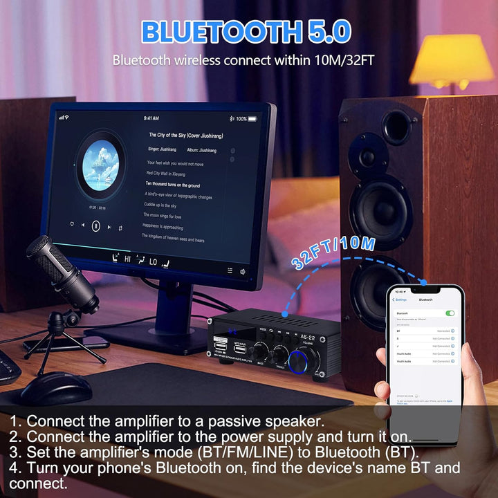 Bluetooth HiFi-Verstärker-AS-22 2.0 Kanäle Mini Stereo-Audioverstärker 40W x 2 Class D Digitale Powe