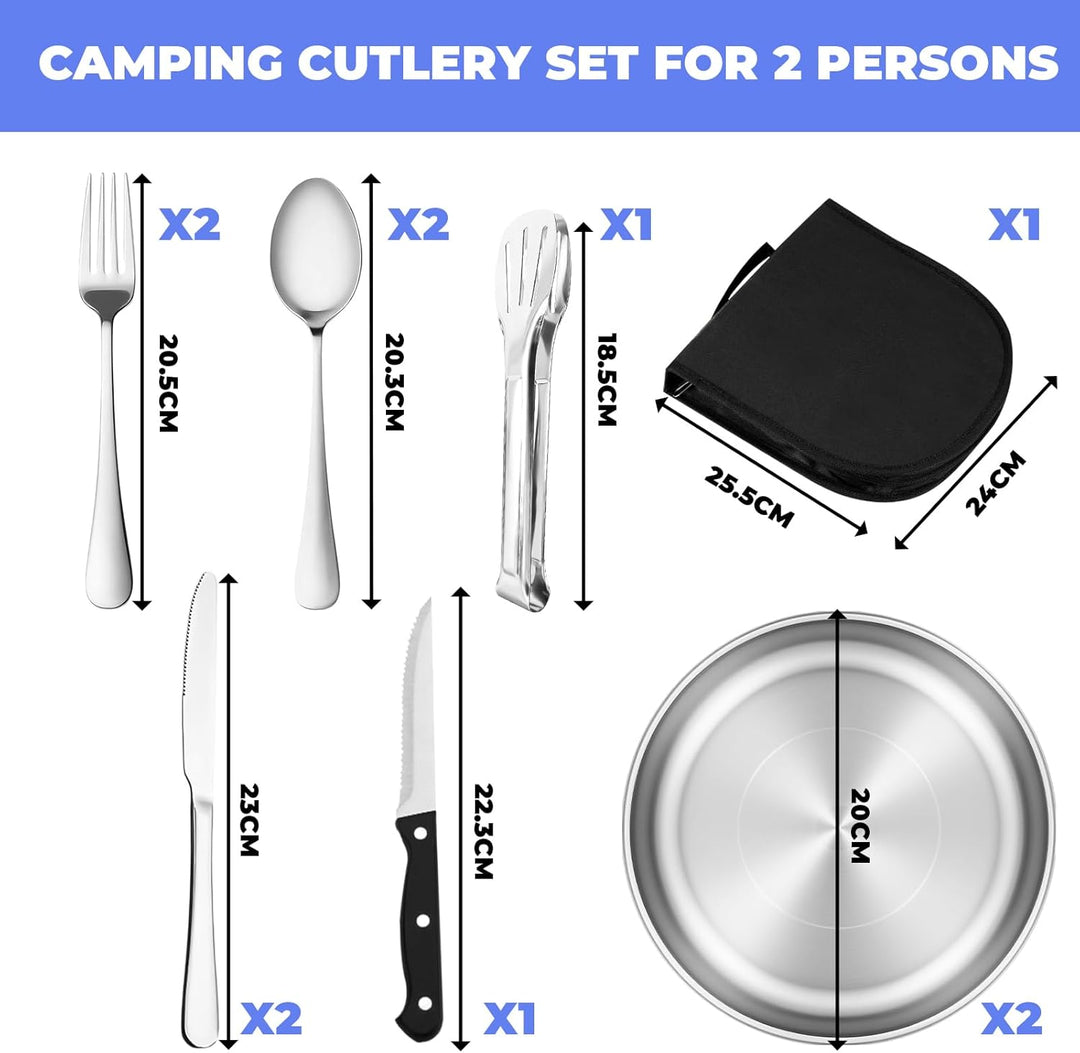 Camping Geschirr Set 2 Personen, 10 Stück Edelstahl Camping Besteck, Hochwertiges, Platzsparend für