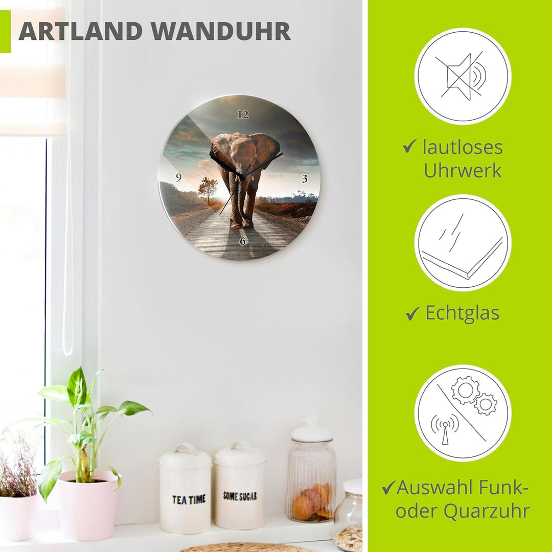 ARTLAND Wanduhr ohne Tickgeräusche Glas Funkuhr Ø 30 cm Rund Lautlos Elefant auf Strasse Elefant Fun