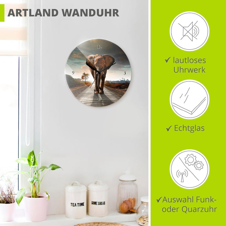 ARTLAND Wanduhr ohne Tickgeräusche Glas Funkuhr Ø 30 cm Rund Lautlos Elefant auf Strasse Elefant Fun