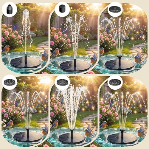 AISITIN 2PCS Solarbrunnen für Draussen mit 6 Düsen und 4 Stützstangen | 1,5W Solar Springbrunnen für
