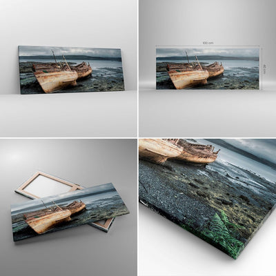 Panorama Bilder auf Leinwand 100x40cm Leinwandbild mit Rahmen Boot Wrack Ufer Gross Wanddeko Bild Sc