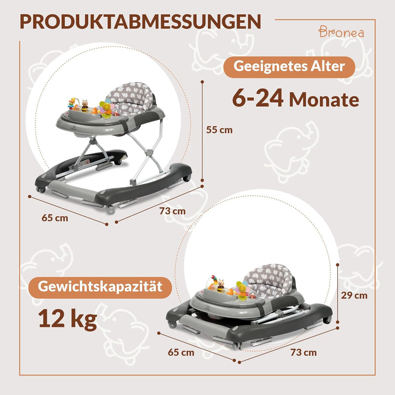 BRONEA 4-in-1 Gehfrei Baby ab 6 Monate | Lauflernwagen mit Schaukelfunktion und Spielpaneel mit Musi