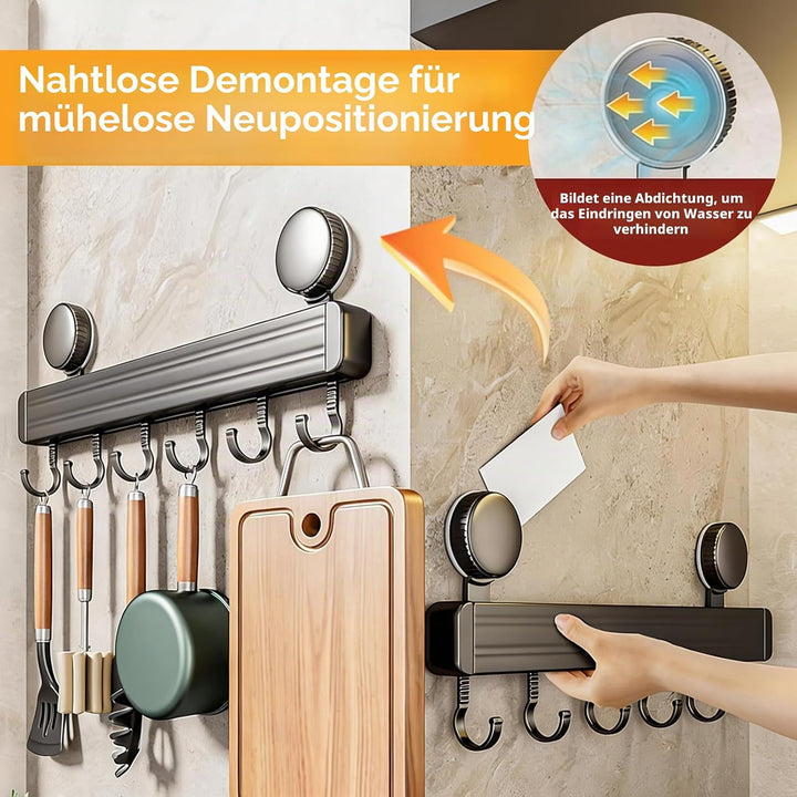 2 Stück Hakenleiste Küche ohne Bohren, Saugnapf Küchenstange aus Aluminiumlegierung, 6 bewegliche Ha