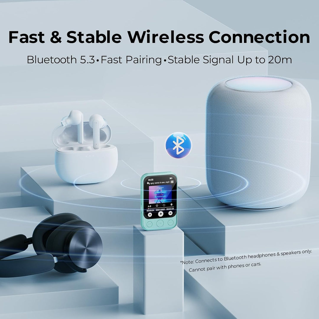 64GB MP3 Player Bluetooth 5.3 mit Clip, Touchscreen &amp; Tasten, Lautsprecher