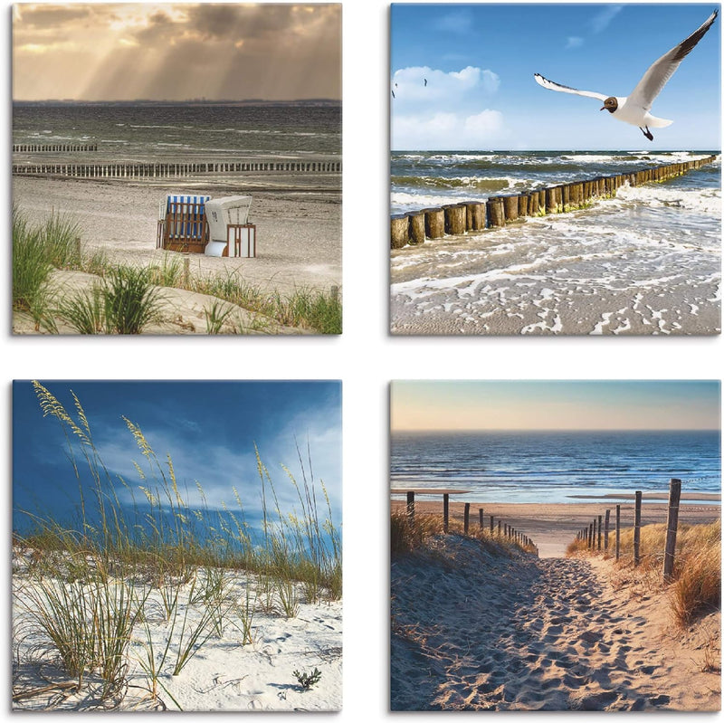 ARTLAND Leinwandbilder auf Holz Wandbild Bild Set 4 teilig je 40x40 cm Quadratisch Landschaft Strand