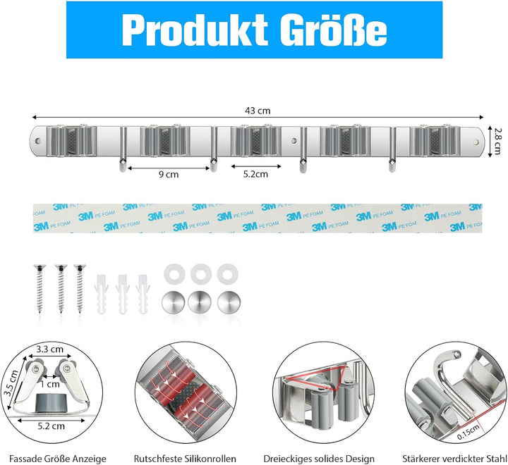 Besenhalterung Wand, Besenhalter Edelstahl, Gerätehalter Wandhalterung mit 5 Halter und 4 Haken, Bes