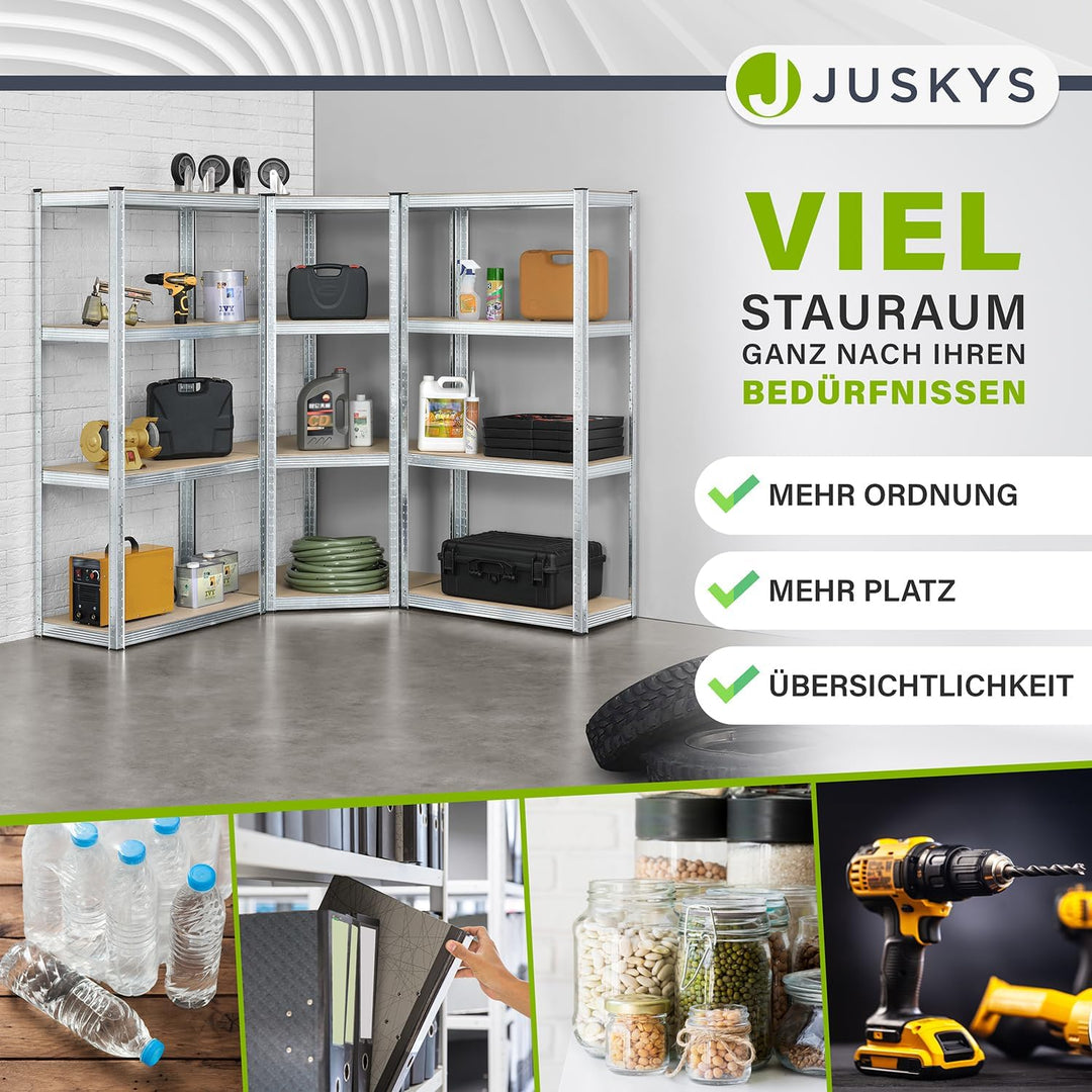 Juskys 3er Metall Regalsystem Easy | 1 Eckregal & 2 Lagerregale | 12 Böden aus MDF Holz | 960 kg | S