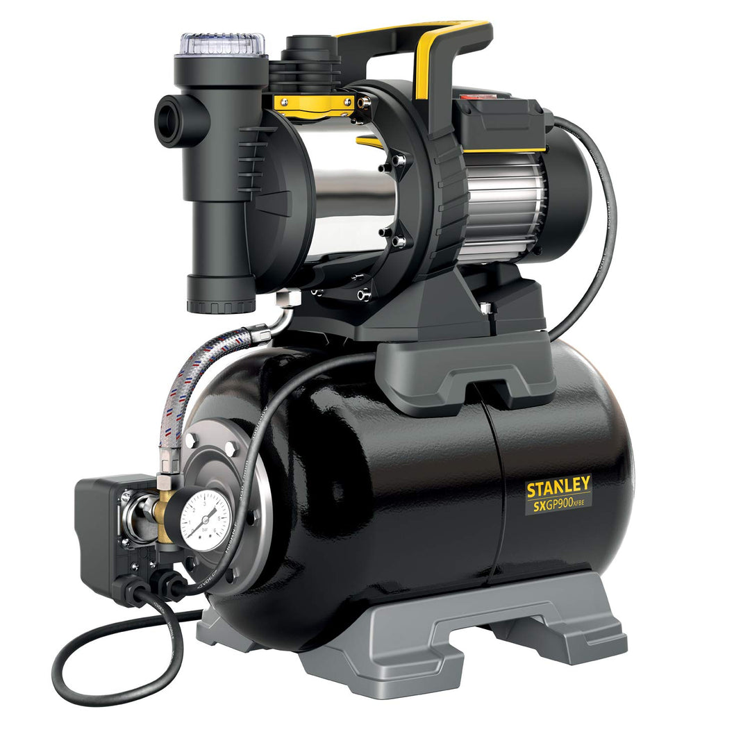 Stanley Selbstansaugende Pumpe SXGP900XFBE mit Behälter für Klarwasser (900 W,max. Förderleistung 3.
