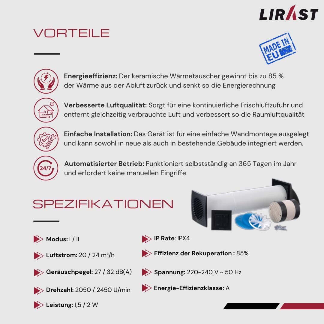 LIRAST 100mm Dezentrale Lüftungsanlage mit Wärmerückgewinnung - Wandlüfter mit Schalter - Lüftung mi