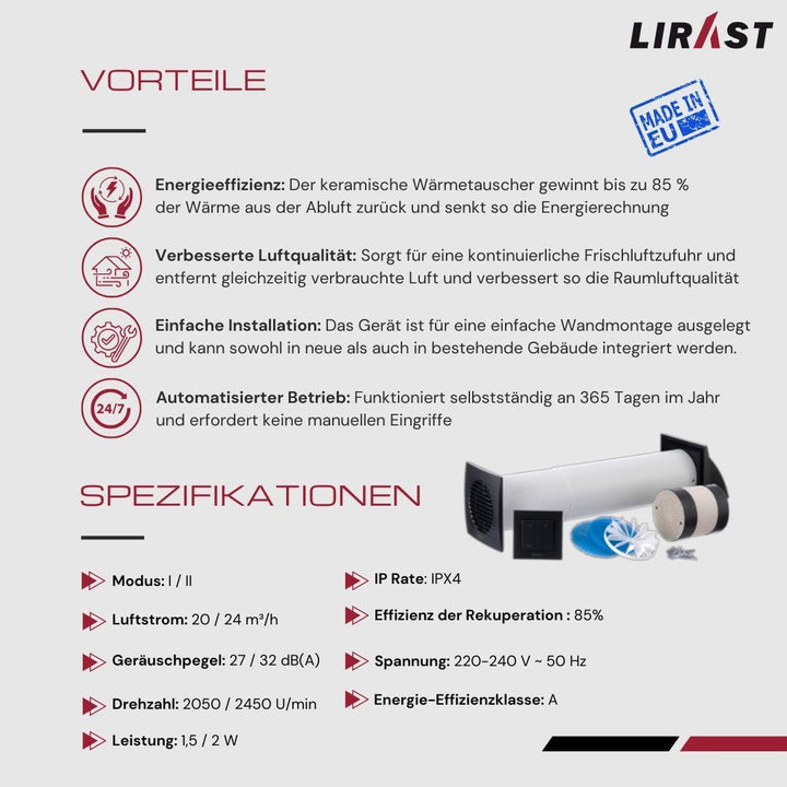 LIRAST 100mm Dezentrale Lüftungsanlage mit Wärmerückgewinnung - Wandlüfter mit Schalter - Lüftung mi