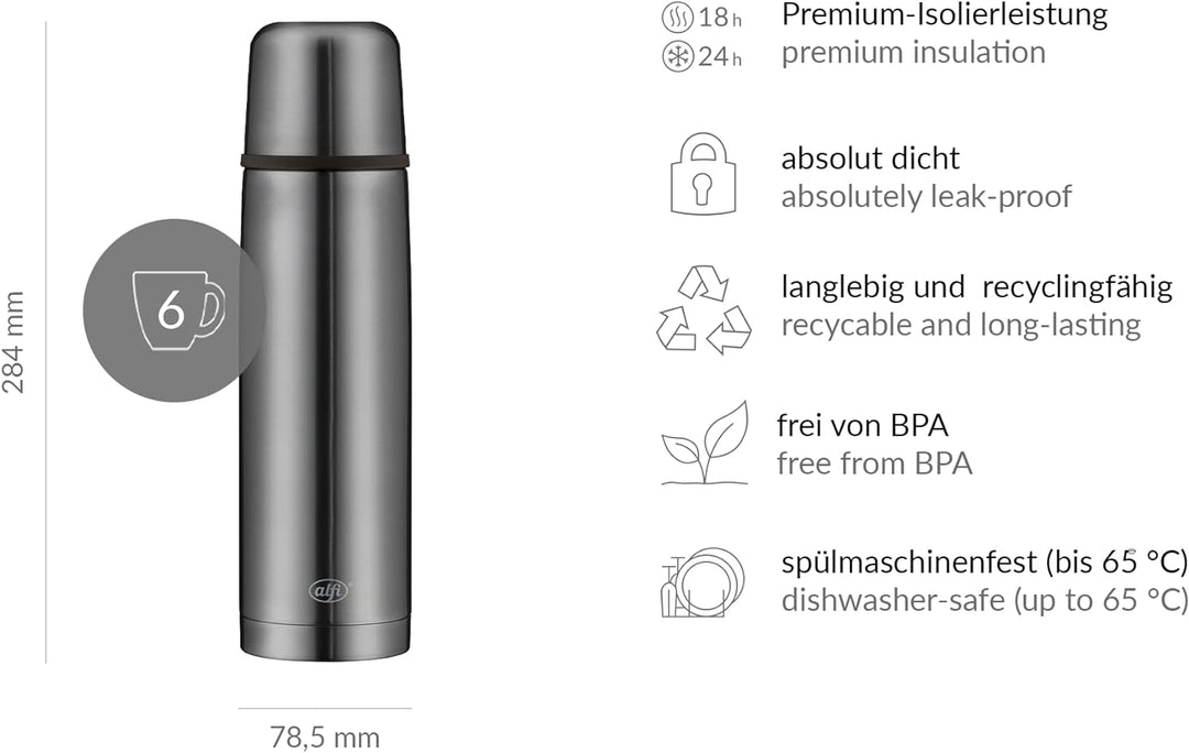 alfi isoTherm Perfect Thermosflasche Edelstahl grau 750ml, Isolierflasche mit Trinkbecher 5737.234.0