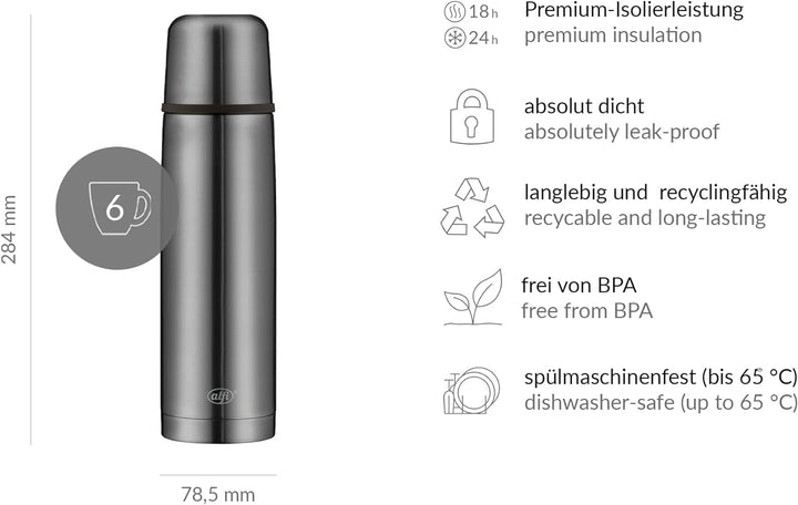 alfi isoTherm Perfect Thermosflasche Edelstahl grau 750ml, Isolierflasche mit Trinkbecher 5737.234.0