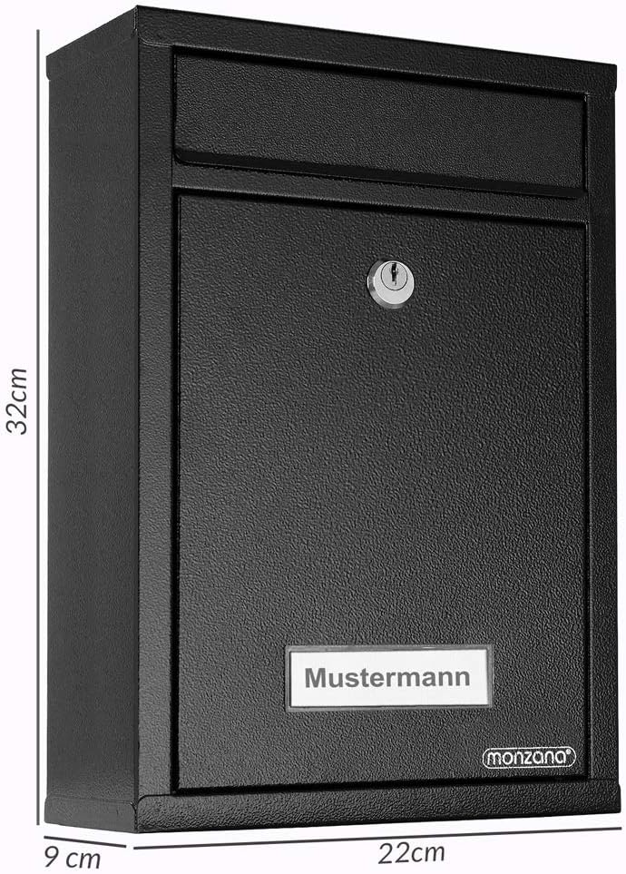 MONZANA® Briefkasten Schwarz inkl. 2 Schlüssel Namensschild abschliessbar Mailbox Briefkastenanlage