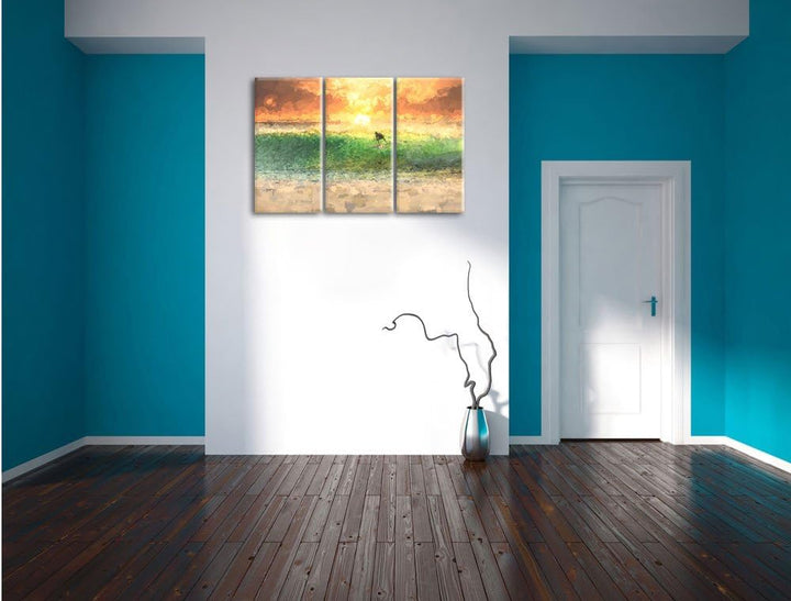 Pixxprint Surfen im Sonnenuntergang als Leinwandbild/Grösse: 3 Teilig (120x80 cm) cm/Wandbild/Kunstd