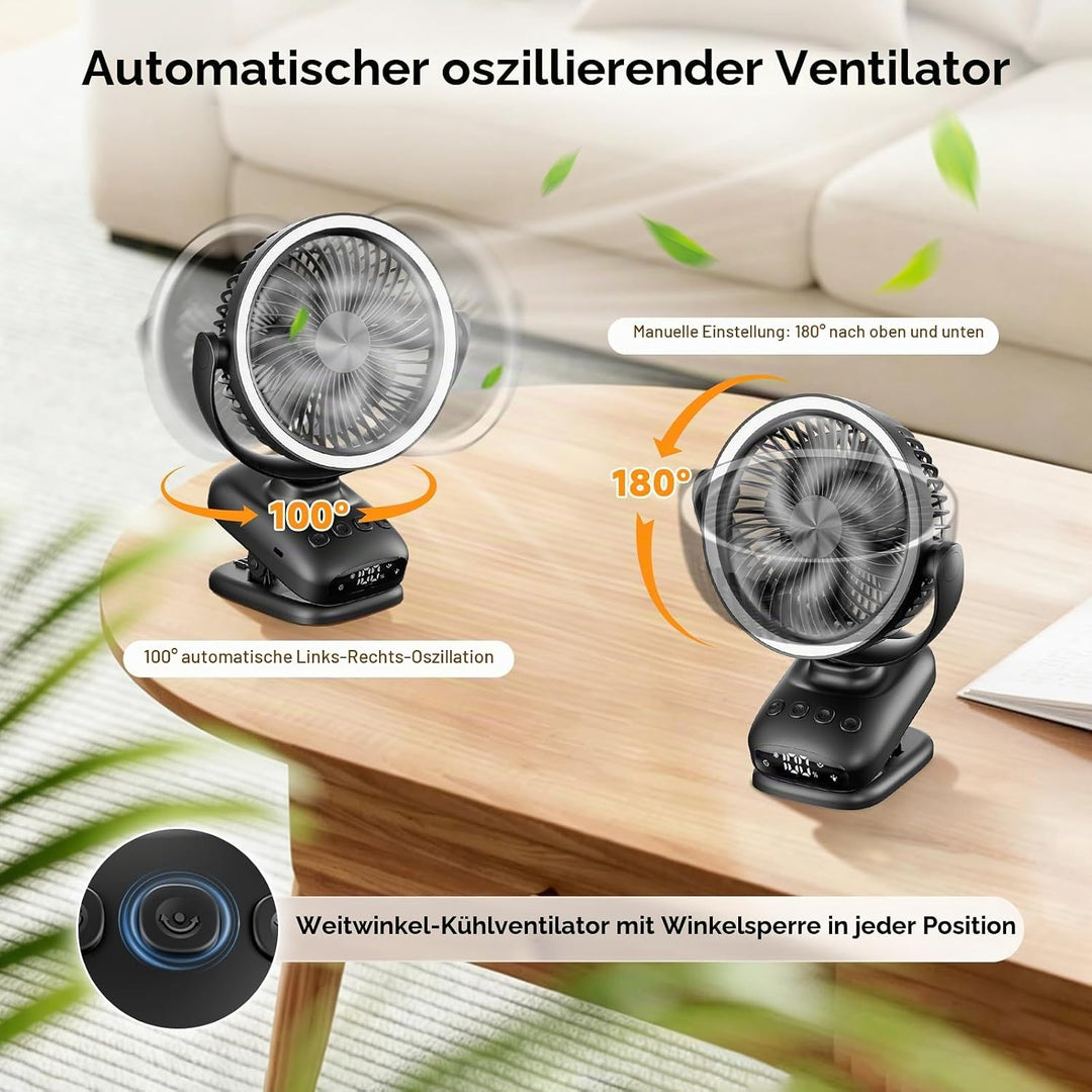 WUQNGI Mini Ventilator Leise,10000mAh USB Tischventilator Akku Aufladbar,Clip Ventilator Oszillieren
