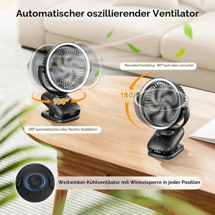 WUQNGI Mini Ventilator Leise,10000mAh USB Tischventilator Akku Aufladbar,Clip Ventilator Oszillieren