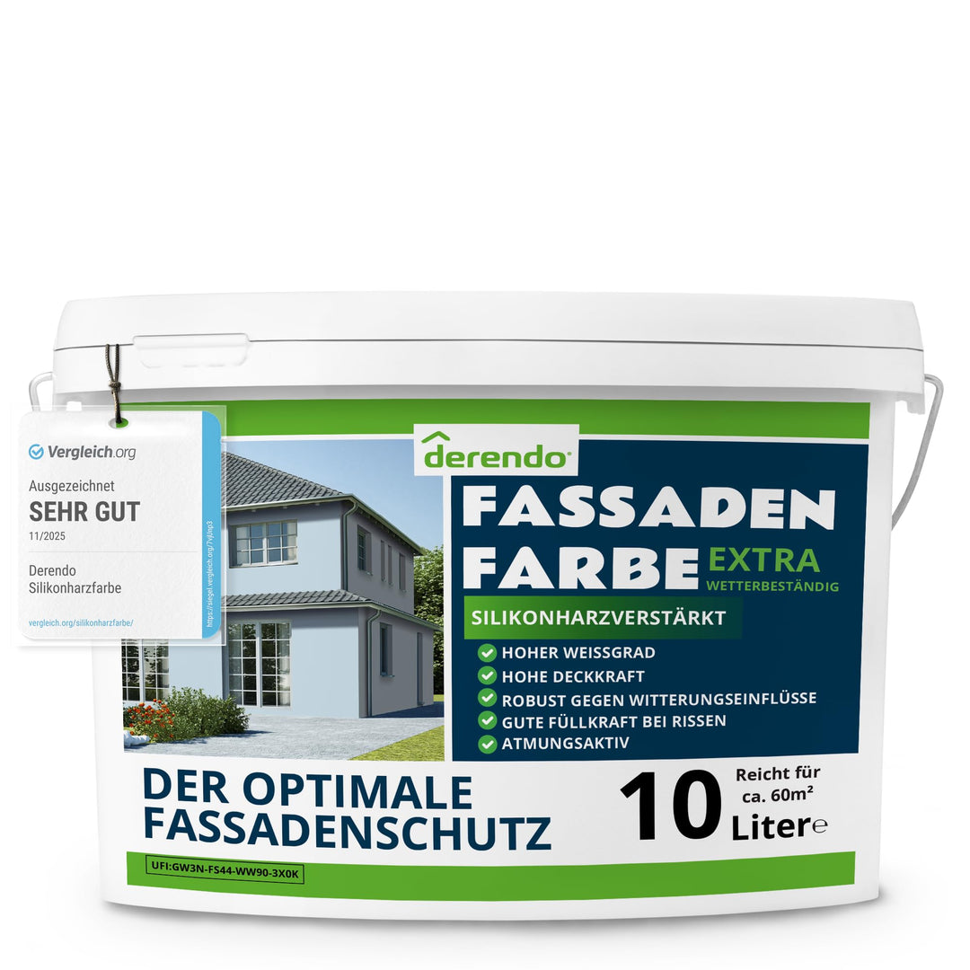 derendo Fassadenfarbe blau 10l mit EXTRA hohem Wetterschutz, matte silikonharzverstärkte Fassaden Fa