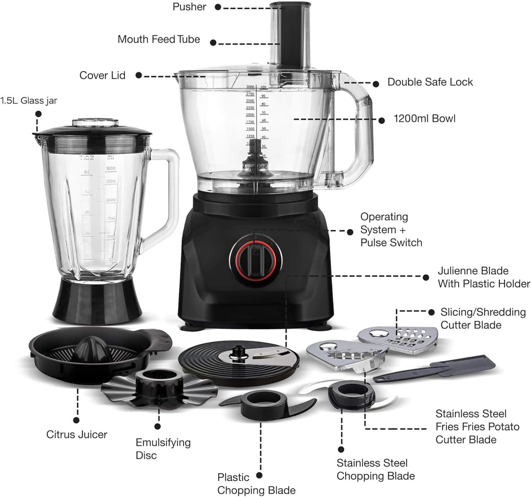 TurboTronic Küchenmaschine 1900W Food Processor mit Standmixer 3L Behälter 1,5L Glaskaraffe Raspelsc