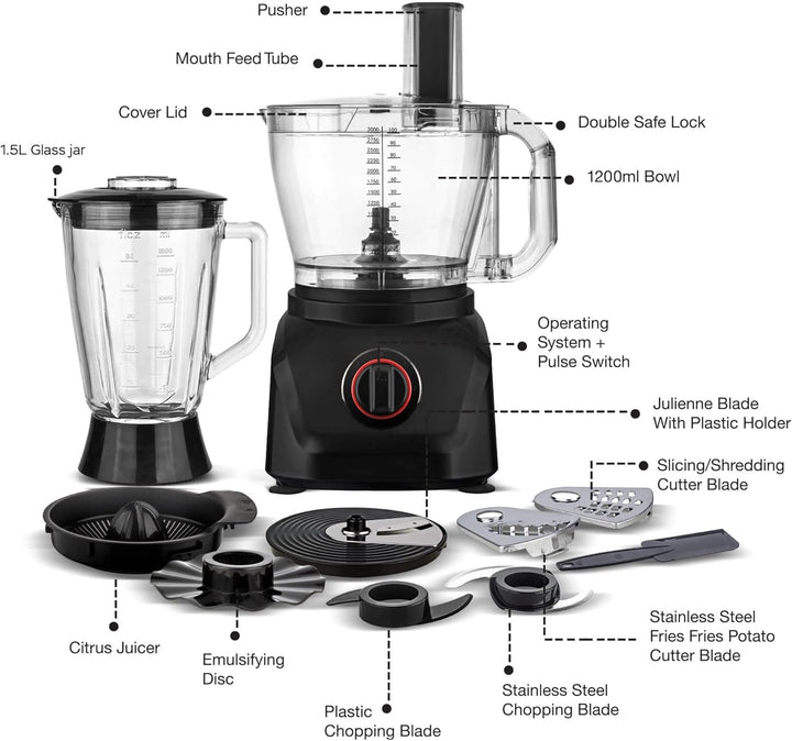 TurboTronic Küchenmaschine 1900W Food Processor mit Standmixer 3L Behälter 1,5L Glaskaraffe Raspelsc