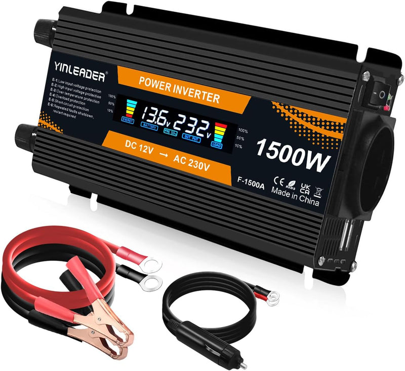 Spannungswandler 12V 230V 1500W Wechselrichter Grosses Display Stromwandler 12 auf 230 Inverter